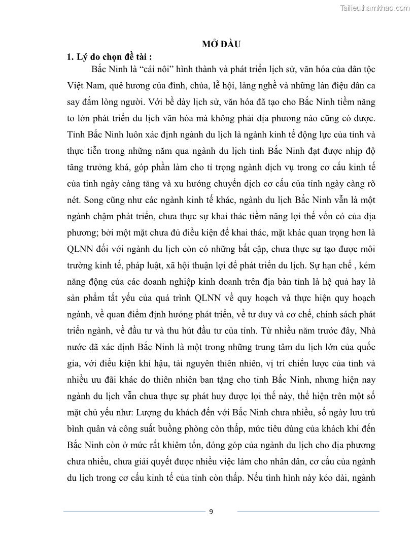 Luận văn Thạc sĩ Du lịch Nghiên cứu công tác quản lý nhà nước về du lịch của tỉnh Bắc Ninh - 1 Trang 9