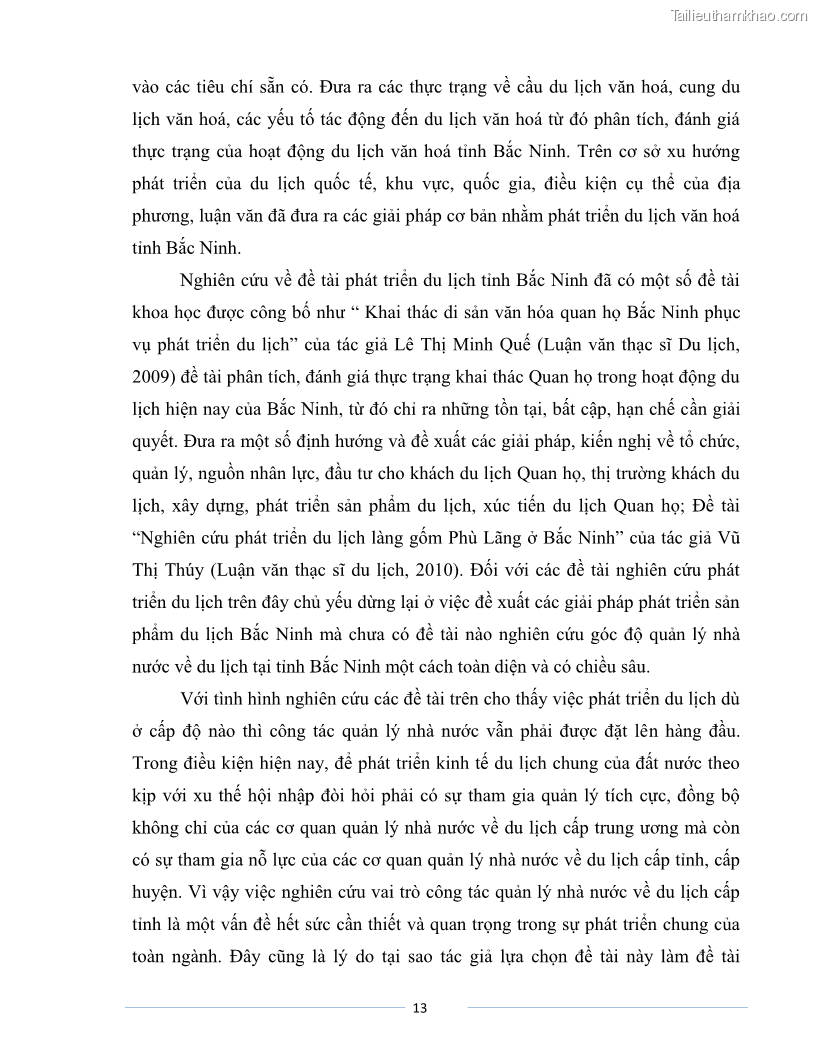 Luận văn Thạc sĩ Du lịch Nghiên cứu công tác quản lý nhà nước về du lịch của tỉnh Bắc Ninh - 2 Trang 13
