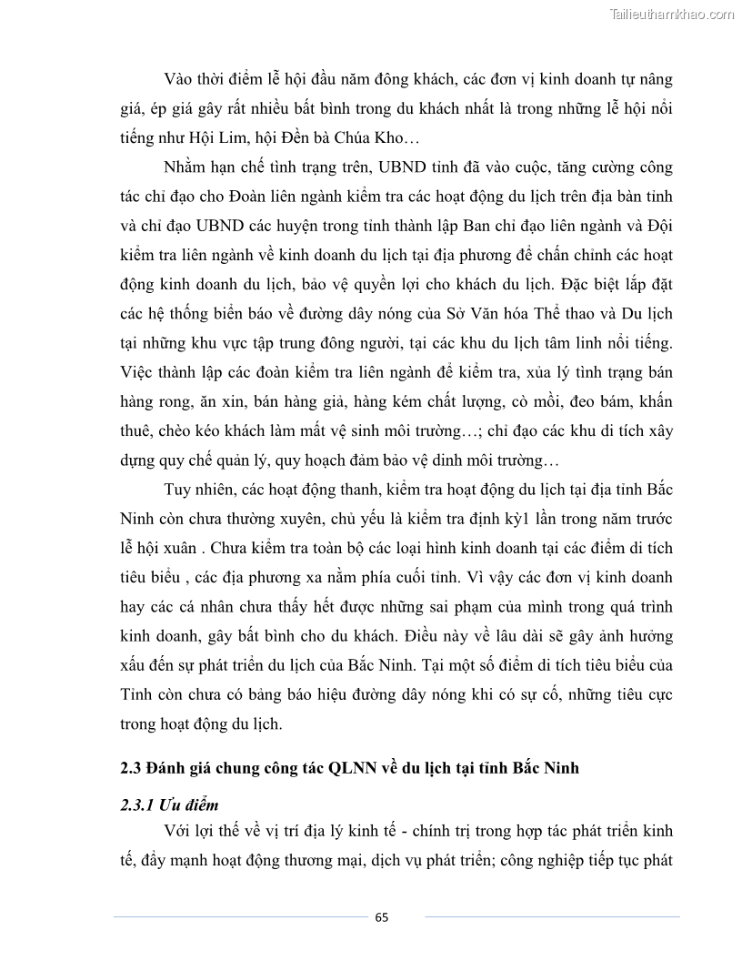 Luận văn Thạc sĩ Du lịch Nghiên cứu công tác quản lý nhà nước về du lịch của tỉnh Bắc Ninh - 6 Trang 65