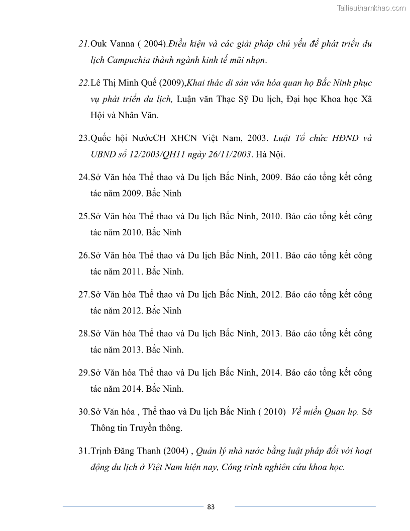 Luận văn Thạc sĩ Du lịch Nghiên cứu công tác quản lý nhà nước về du lịch của tỉnh Bắc Ninh - 7 Trang 83