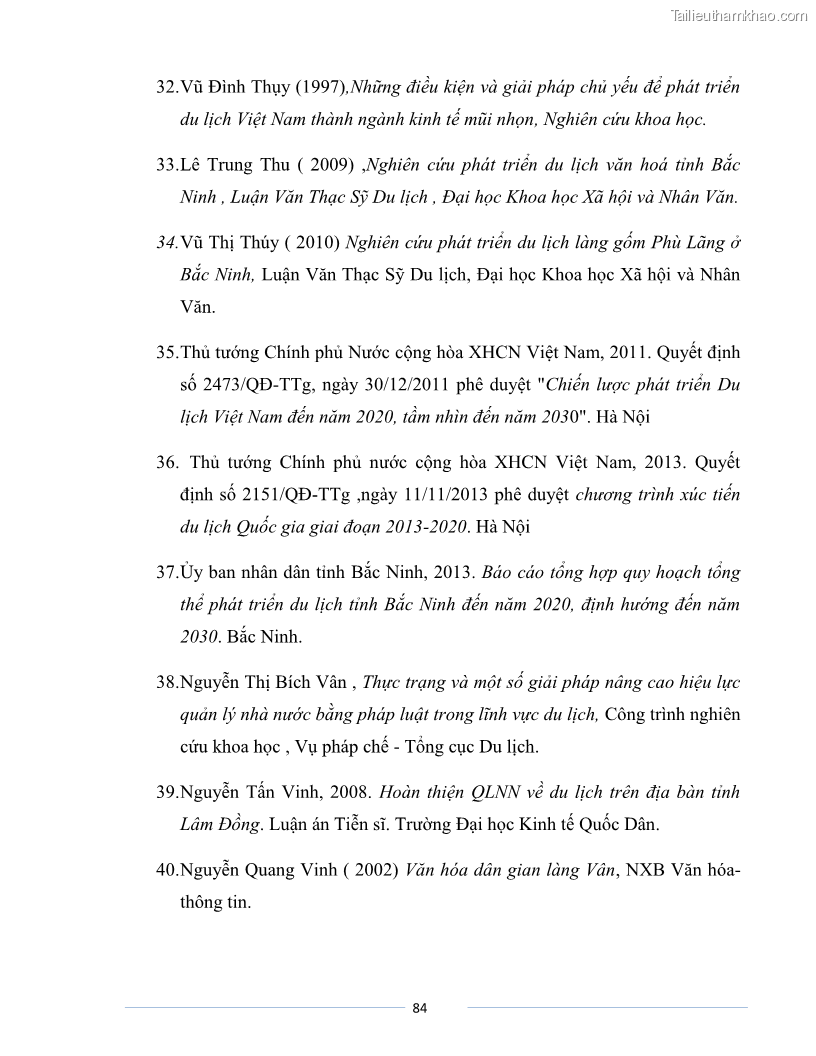 Luận văn Thạc sĩ Du lịch Nghiên cứu công tác quản lý nhà nước về du lịch của tỉnh Bắc Ninh - 7 Trang 84