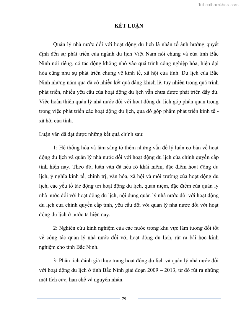 Luận văn Thạc sĩ Du lịch Nghiên cứu công tác quản lý nhà nước về du lịch của tỉnh Bắc Ninh - 7 Trang 79