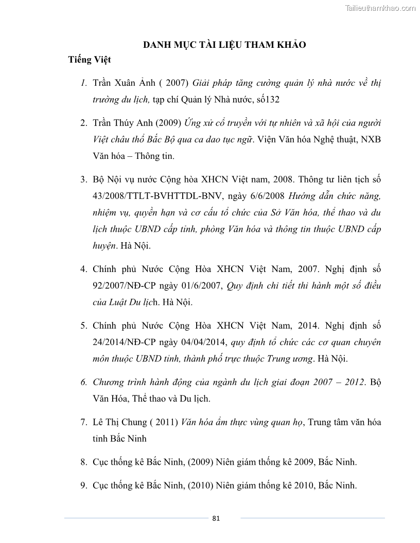 Luận văn Thạc sĩ Du lịch Nghiên cứu công tác quản lý nhà nước về du lịch của tỉnh Bắc Ninh - 7 Trang 81