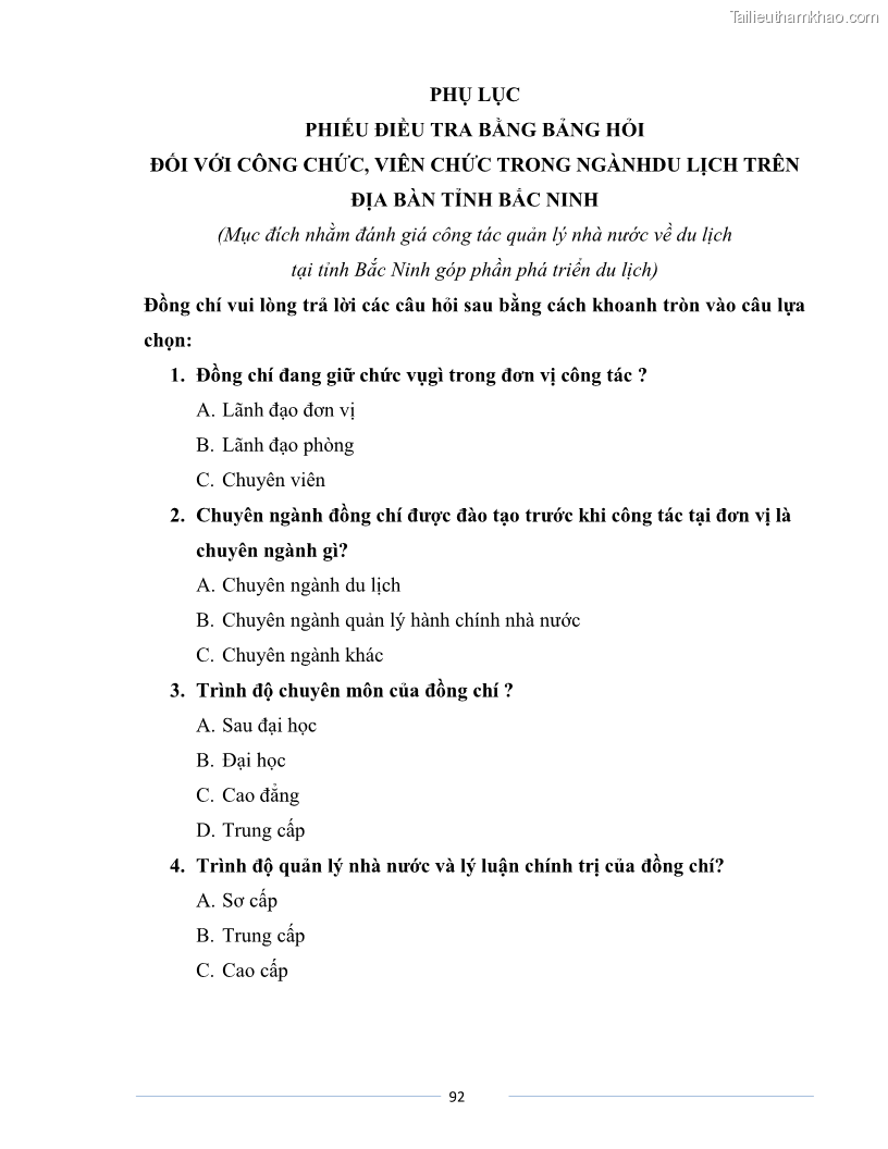 Luận văn Thạc sĩ Du lịch Nghiên cứu công tác quản lý nhà nước về du lịch của tỉnh Bắc Ninh - 8 Trang 92