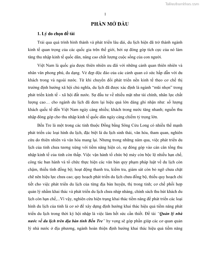 Luận văn thạc sĩ quản lý công Quản lý nhà nước về du lịch trên địa bàn tỉnh Bến Tre - 1 Trang 10