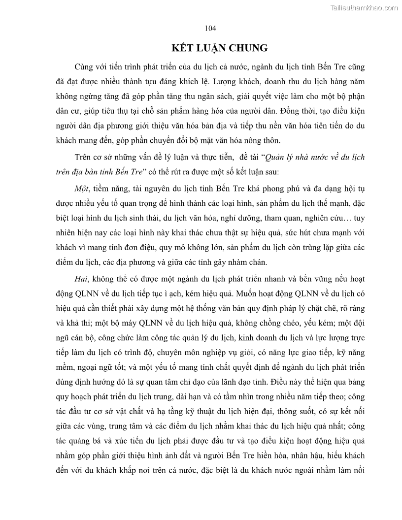 Luận văn thạc sĩ quản lý công Quản lý nhà nước về du lịch trên địa bàn tỉnh Bến Tre - 10 Trang 111