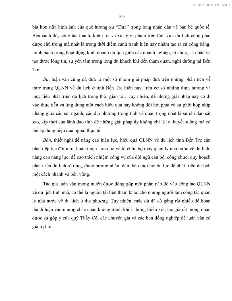 Luận văn thạc sĩ quản lý công Quản lý nhà nước về du lịch trên địa bàn tỉnh Bến Tre - 10 Trang 112