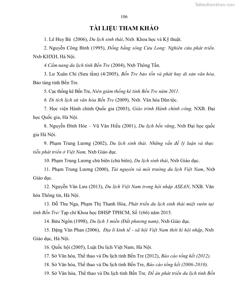 Luận văn thạc sĩ quản lý công Quản lý nhà nước về du lịch trên địa bàn tỉnh Bến Tre - 10 Trang 113