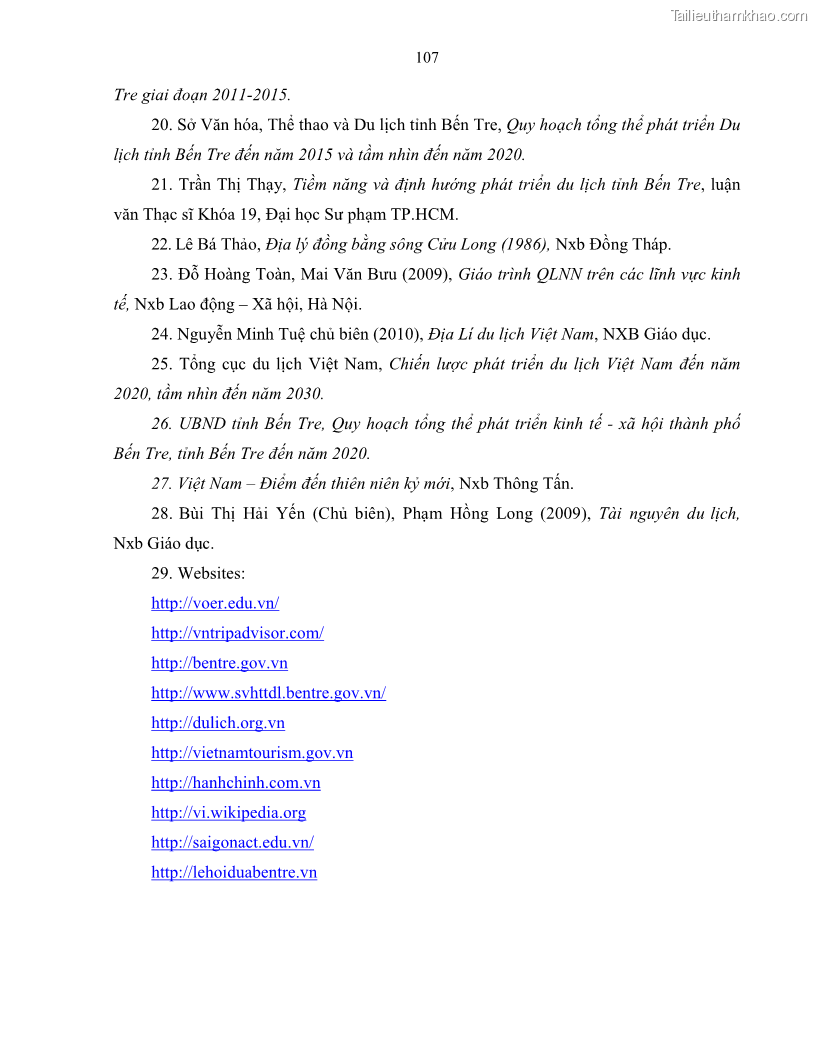 Luận văn thạc sĩ quản lý công Quản lý nhà nước về du lịch trên địa bàn tỉnh Bến Tre - 10 Trang 114