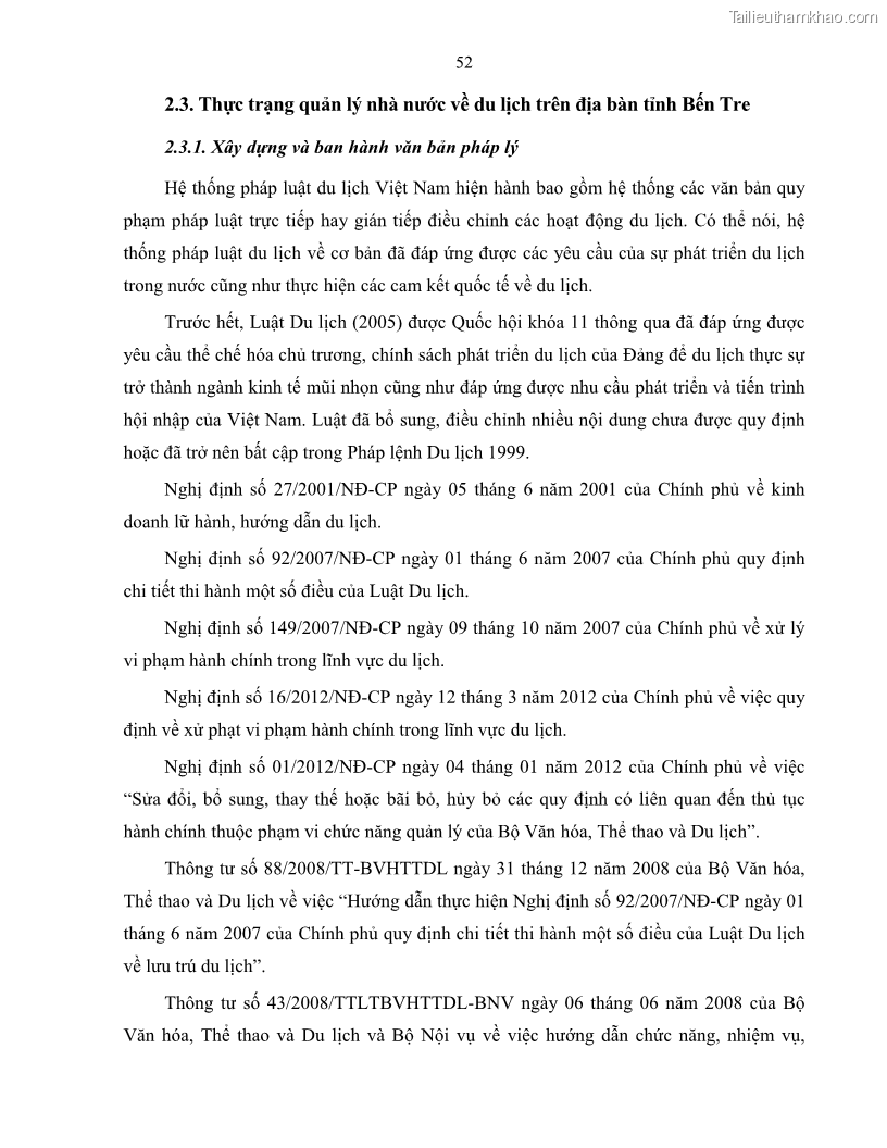 Luận văn thạc sĩ quản lý công Quản lý nhà nước về du lịch trên địa bàn tỉnh Bến Tre - 6 Trang 61
