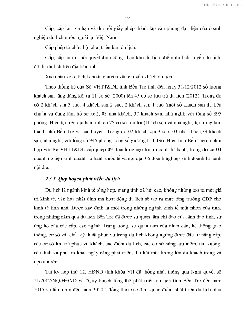 Luận văn thạc sĩ quản lý công Quản lý nhà nước về du lịch trên địa bàn tỉnh Bến Tre - 6 Trang 70