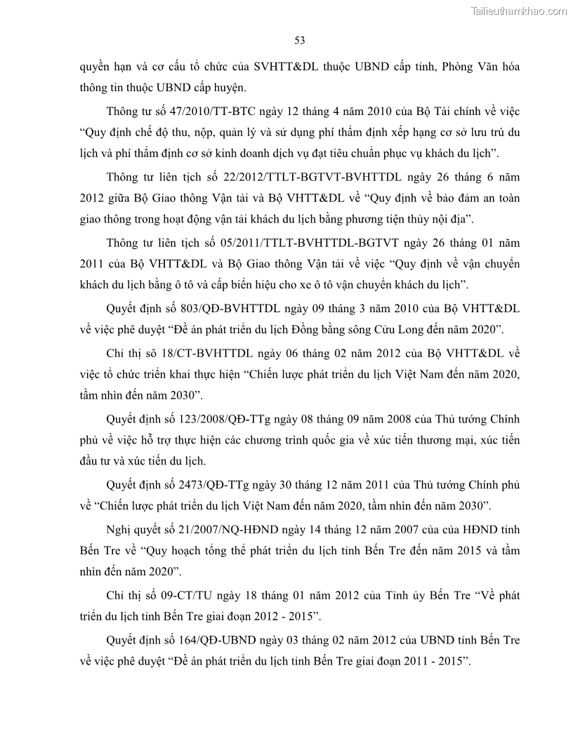 Luận văn thạc sĩ quản lý công Quản lý nhà nước về du lịch trên địa bàn tỉnh Bến Tre - 6 Trang 62