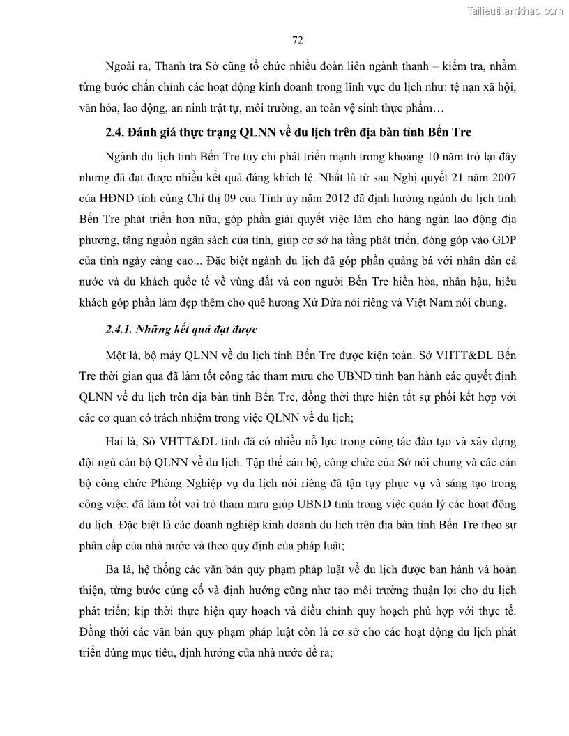 Luận văn thạc sĩ quản lý công Quản lý nhà nước về du lịch trên địa bàn tỉnh Bến Tre - 7 Trang 79