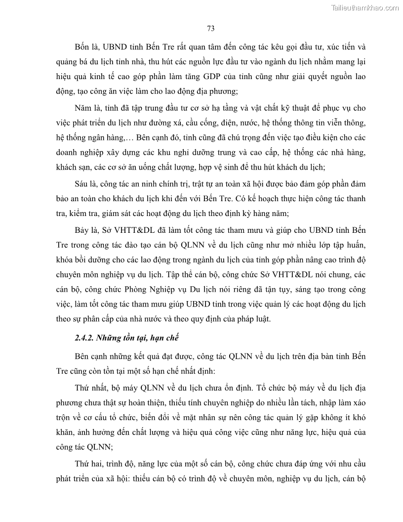 Luận văn thạc sĩ quản lý công Quản lý nhà nước về du lịch trên địa bàn tỉnh Bến Tre - 7 Trang 80