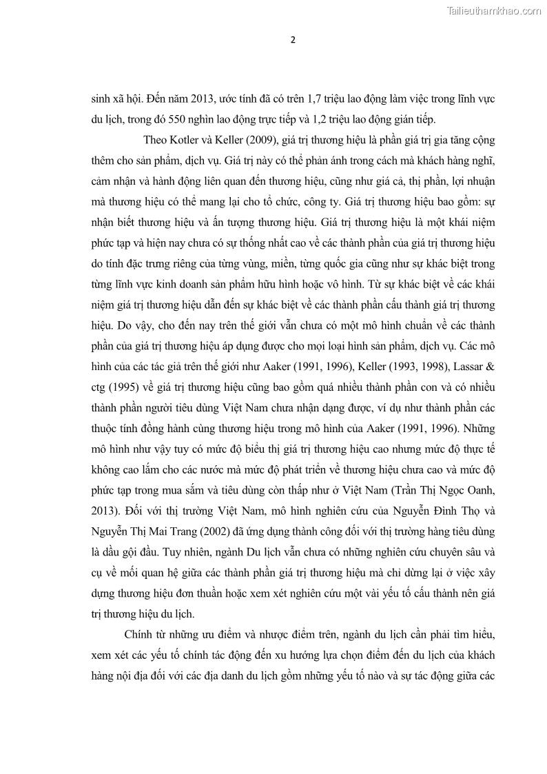 Luận văn thạc sĩ kinh tế Nghiên cứu mối quan hệ các yếu tố cấu thành giá trị thương hiệu du lịch - 1 Trang 10
