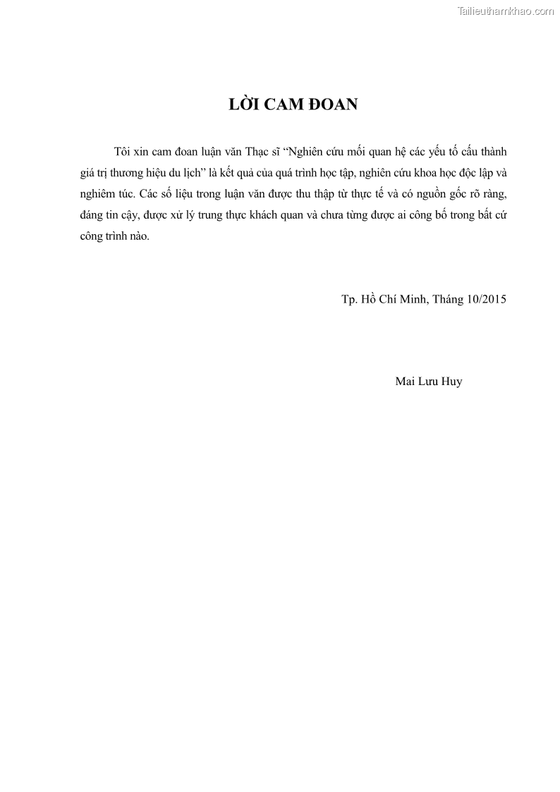 Luận văn thạc sĩ kinh tế Nghiên cứu mối quan hệ các yếu tố cấu thành giá trị thương hiệu du lịch - 1 Trang 3
