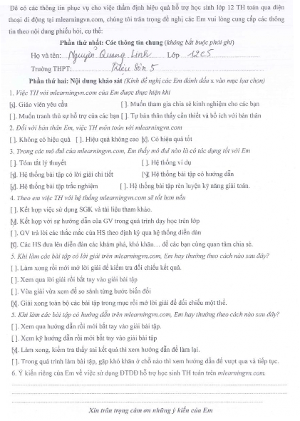 PHIẾU KHẢO SÁT Ý KIẾN VỀ VIỆC TỰ HỌC MÔN TOÁN VỚI SỰ HỖ TRỢ CỦA ĐTDĐ 5