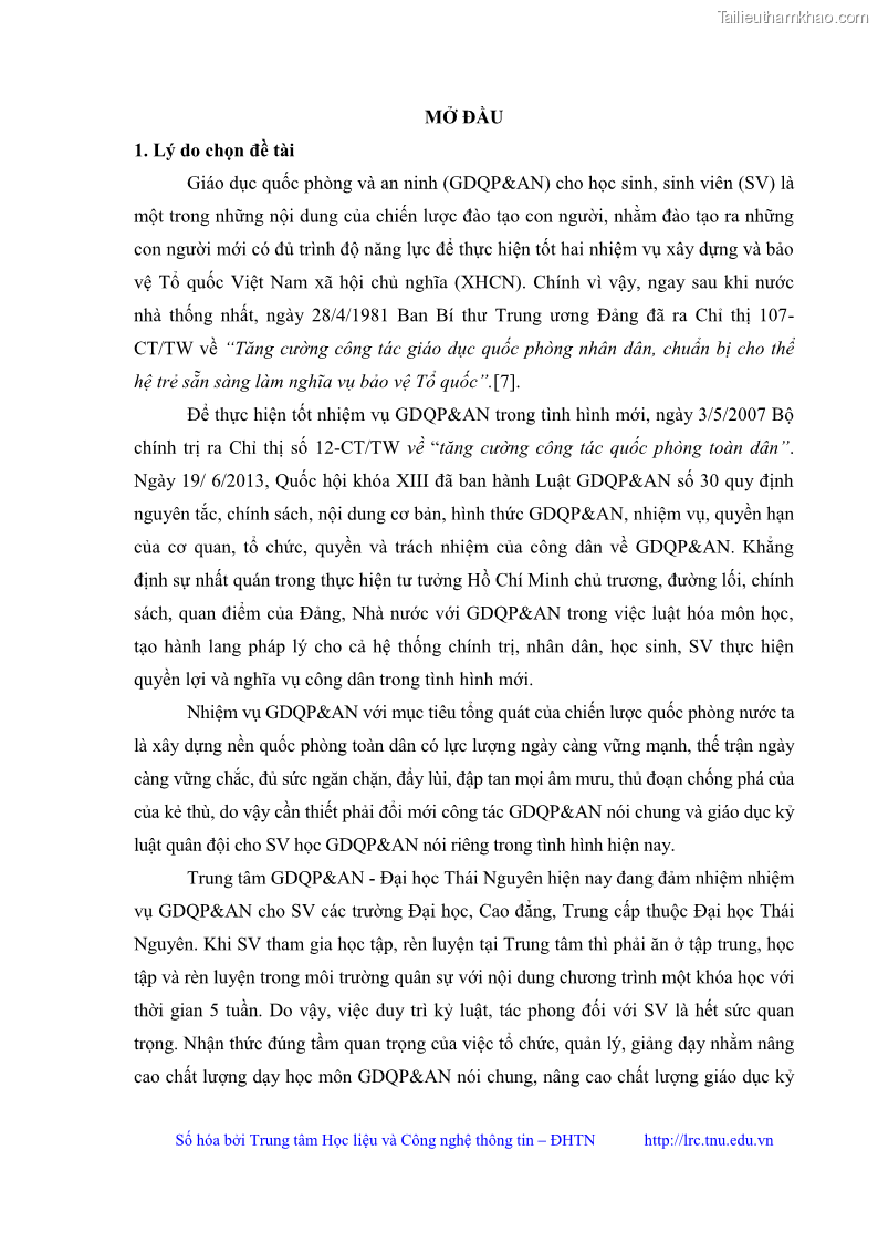 Luận văn thạc sĩ khoa học giáo dục Giáo dục kỷ luật cho sinh viên tại Trung tâm Giáo dục quốc phòng và an ninh - Đại học Thái Nguyên - 1 Trang 12