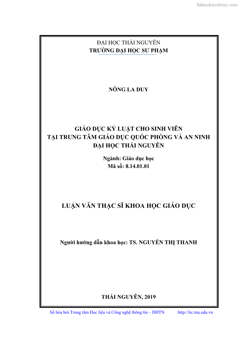 Luận văn thạc sĩ khoa học giáo dục Giáo dục kỷ luật cho sinh viên tại Trung tâm Giáo dục quốc phòng và an ninh - Đại học Thái Nguyên - 1 Trang 2
