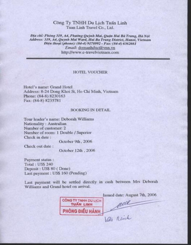 Bắt buộc khác như số tiền đã thanh toán số tài khoản của khách du lịch 4