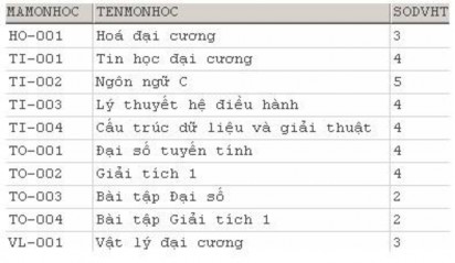 Bảng MONHOC với khoá chính là MAMONHOC Một bảng có thể có nhiều tập các cột 2