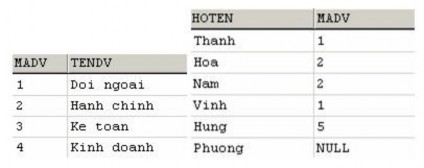 Phép nối ngoài trái giữa hai bảng NHANVIEN và DONVI được biểu diễn bởi câu 1
