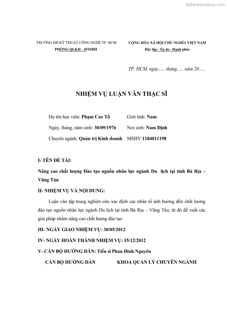 Luận văn thạc sĩ Nâng cao chất lượng đào tạo nguồn nhân lực ngành du lịch tại tỉnh Bà Rịa – Vũng Tàu - 1 Trang 4