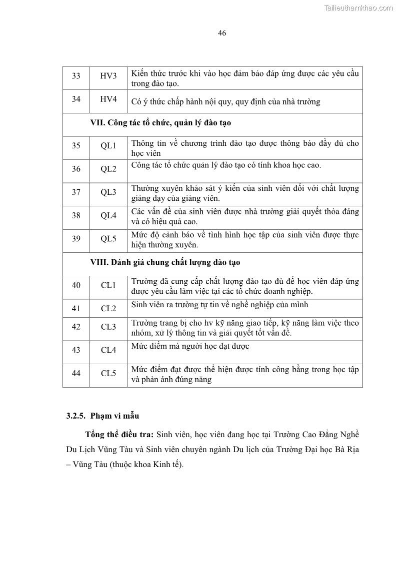 Luận văn thạc sĩ Nâng cao chất lượng đào tạo nguồn nhân lực ngành du lịch tại tỉnh Bà Rịa – Vũng Tàu - 6 Trang 63