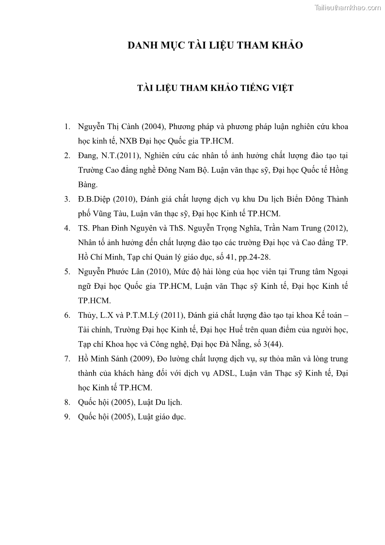 Luận văn thạc sĩ Nâng cao chất lượng đào tạo nguồn nhân lực ngành du lịch tại tỉnh Bà Rịa – Vũng Tàu - 8 Trang 96