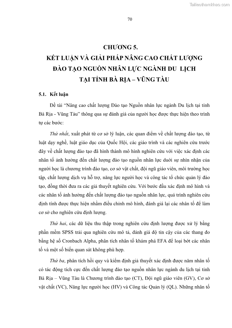 Luận văn thạc sĩ Nâng cao chất lượng đào tạo nguồn nhân lực ngành du lịch tại tỉnh Bà Rịa – Vũng Tàu - 8 Trang 87