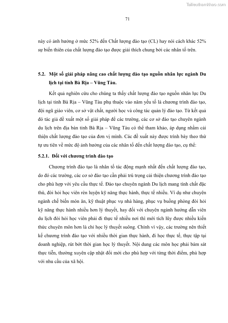 Luận văn thạc sĩ Nâng cao chất lượng đào tạo nguồn nhân lực ngành du lịch tại tỉnh Bà Rịa – Vũng Tàu - 8 Trang 88