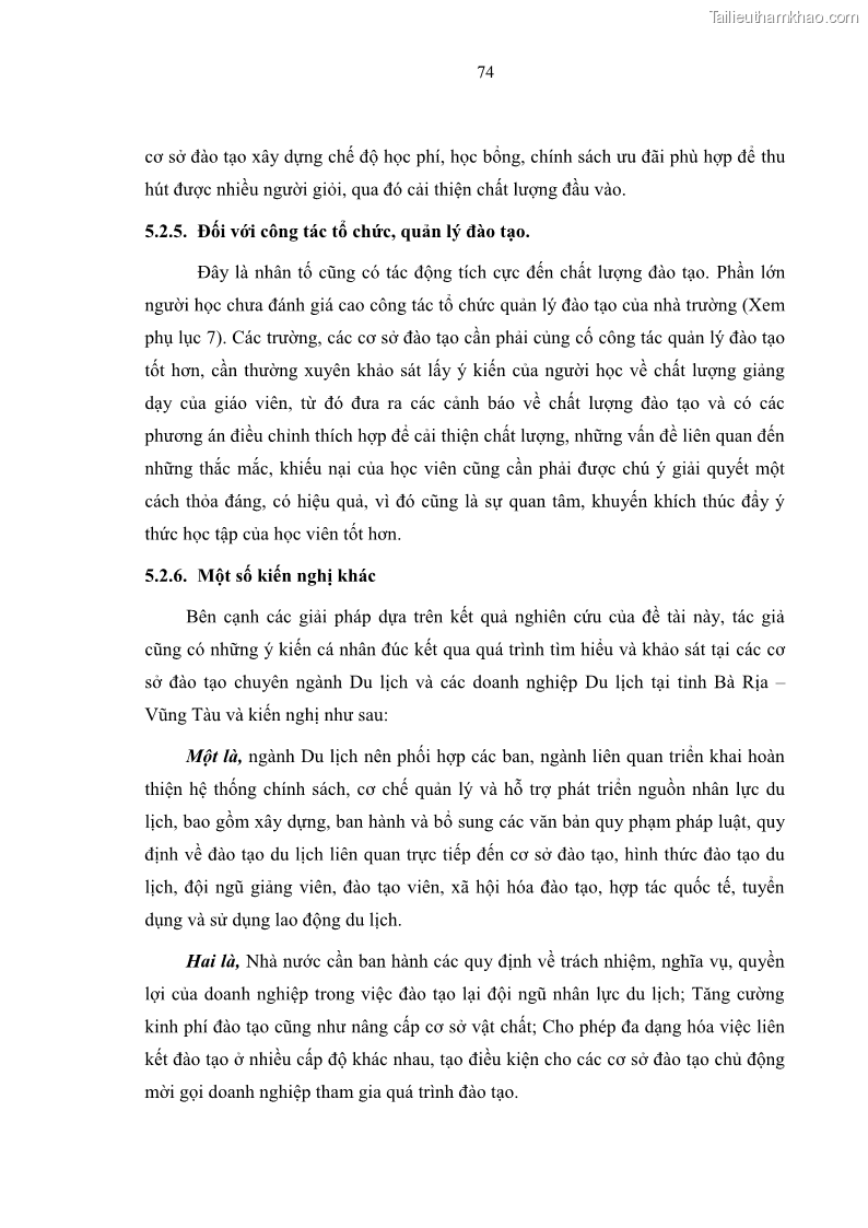 Luận văn thạc sĩ Nâng cao chất lượng đào tạo nguồn nhân lực ngành du lịch tại tỉnh Bà Rịa – Vũng Tàu - 8 Trang 91