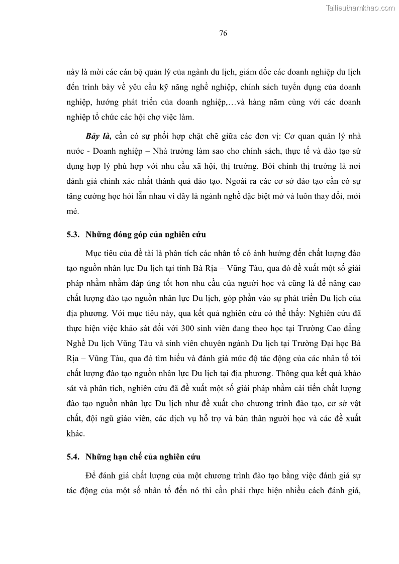 Luận văn thạc sĩ Nâng cao chất lượng đào tạo nguồn nhân lực ngành du lịch tại tỉnh Bà Rịa – Vũng Tàu - 8 Trang 93