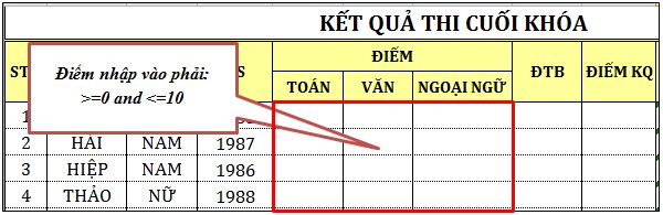 Để thiết lập việc nhập liệu theo điều kiện ta thực hiện Bước 1 Chọn 19