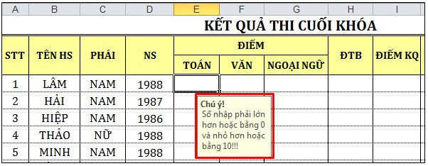3 Error Alert Khi ô đã được đặt chế độ Data validation nếu nhập liệu không 4