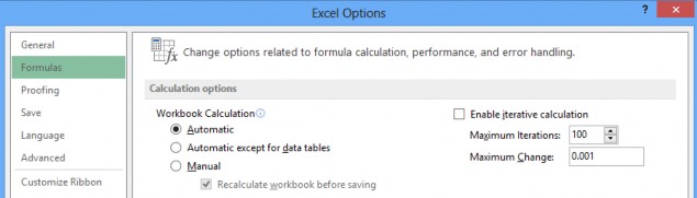 Trong hộp thoại di chuyển xuống tùy chọn tính toán Calculation Options chọn Manual 3