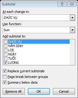  At each change in chọn tên trường cần tổng hợp  Use function chọn hàm sử 3