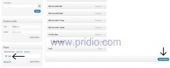 Page Test ở trang chủ bên cạnh các Menu khác Do chọn Page Attributes ở chế độ 12
