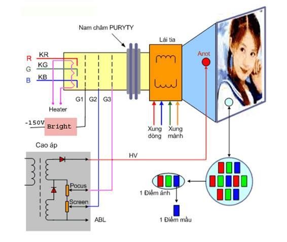 Đèn hình màu Monitor Cực Anôt Được cung cấp khoảng 15KV lấy từ dây HV cuộn 12