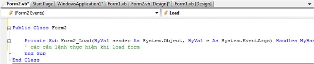 Sau khi đã mở cửa sổ Code ta chọn tên biểu mẫu hoặc điều khiển trên hộp 2