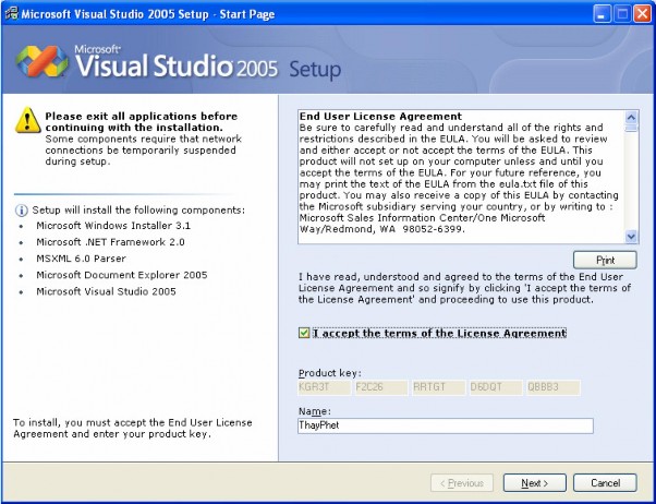 Đăng ký bằng cách lựa chọn click chuột vào I accept the term of the License Agreement 3