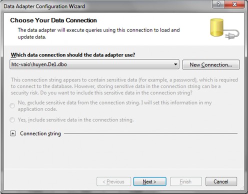 Nhấn Next sang màn hình khai báo câu lệnh SQL cho Select Command bắt buộc Các câu 3