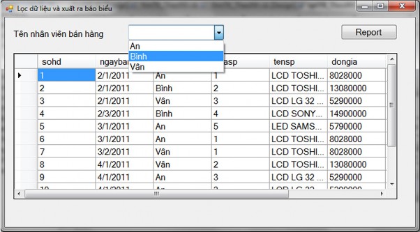 Form cho phép người sử dụng chọn tên một nhân viên bán hàng trong cboten và 1