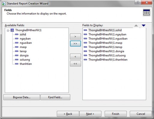 Add toàn bộ các trường của thủ tục ThongkeBHtheoNV sang cửa sổ bên phải Nhấn 5
