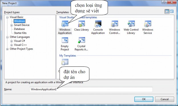 Chọn Visual Basic Windows chọn Windows Application trong cửa sổ bên phải sau đó đặt 3