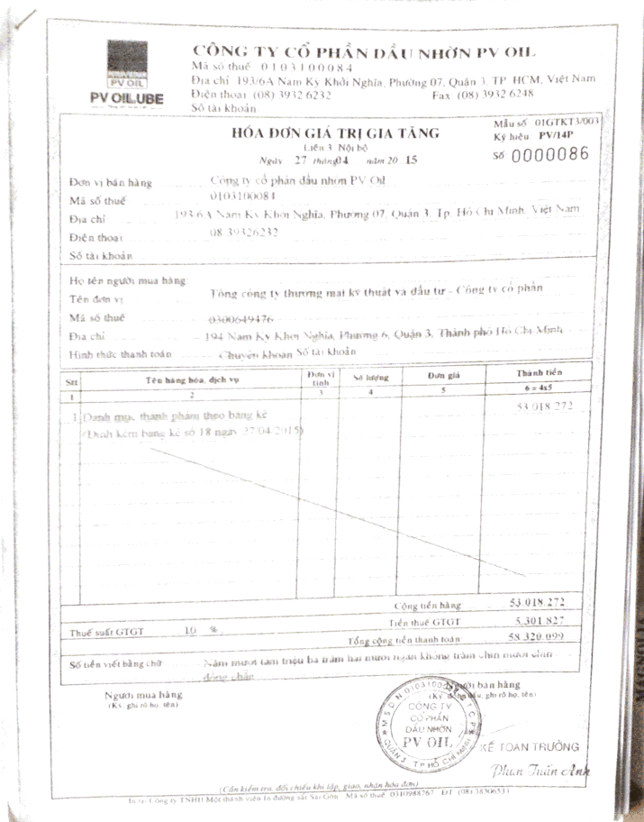 CÔNG TY CỔ PHẦN DẦU NHỜN PV OIL 193 6A Nam Kỳ Khởi Nghĩa P 07 Q 3 TP Hồ Chí Minh 1