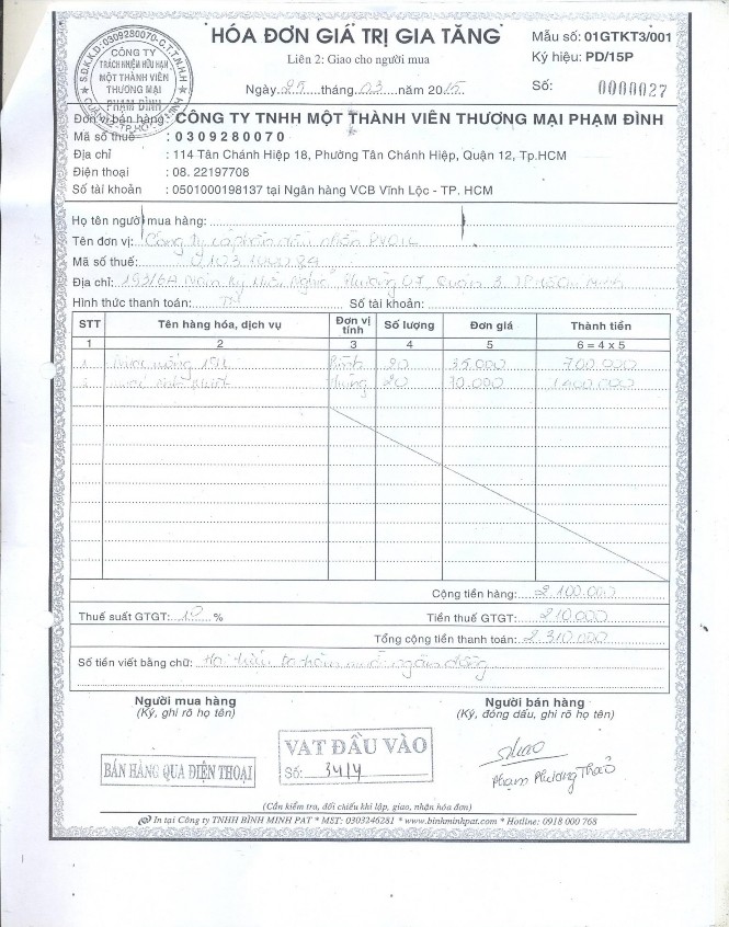 Tên Ký họ tên Ký họ tên Phụ lục 1 3 HĐ GTGT đầu vào số 0000027 ngày 25 03 2015 4