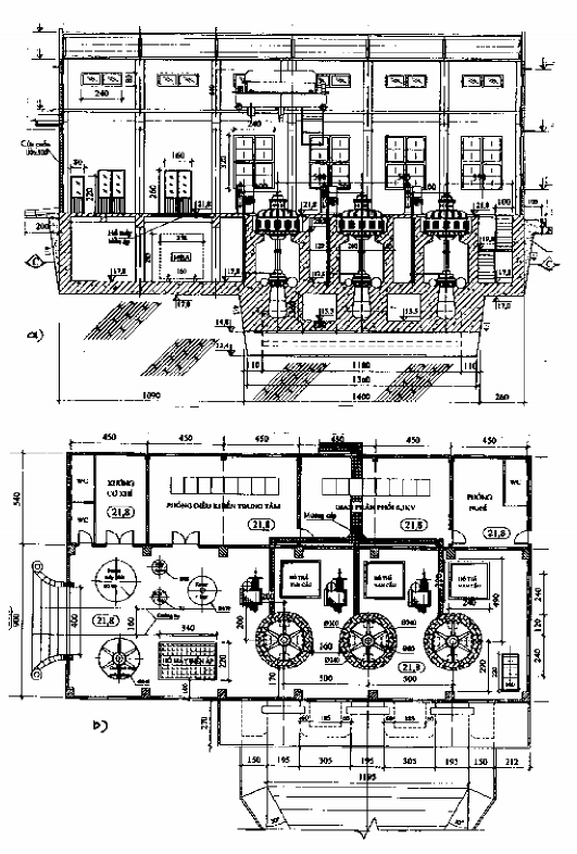Hình 16 19 Cắt dọc và mặt bằng tầng trên nhà máy TĐ trục đứng Sàn lắp ráp 5