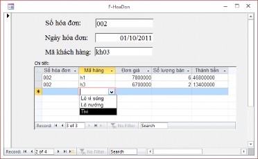Hình 4 24 Ví dụ 2 Tạo Subform dùng Wizard Cũng với CSDL Quanlyhanghoa như trong ví dụ 2