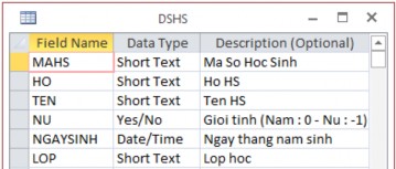 1 Quy định các field khóa chính cho các table như sau LOP trong table LOP MAHS trong table 5